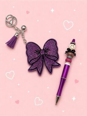 Purple Bow Keychain and handmade beaded pen with smiley face